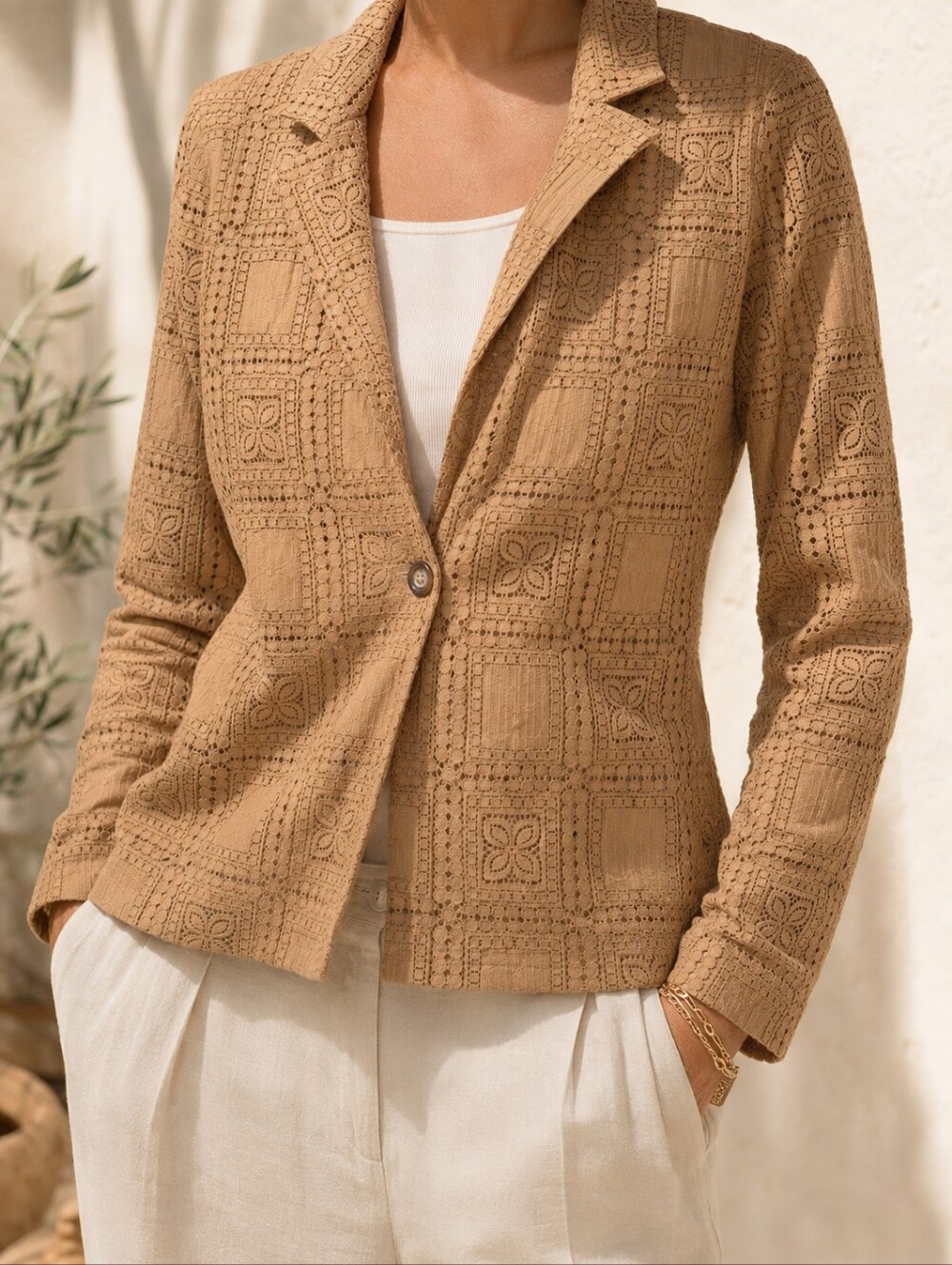 Via Bovio Made in Italy Camel Openwork Lace Blazer Jacket M